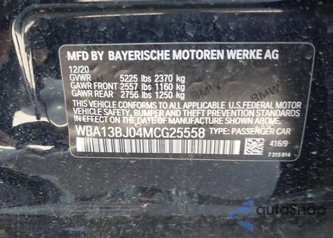 2021 BMW 530I xDrive из США, поврежденный, VIN WBA13BJ04MCG25558